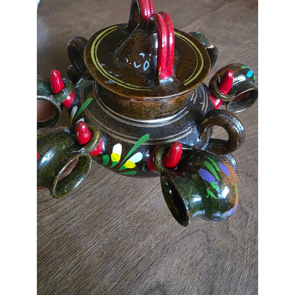 Mexican Folk Art Pottery Tequila Set Hand Painted Floral Glazed Brown 8pc decor